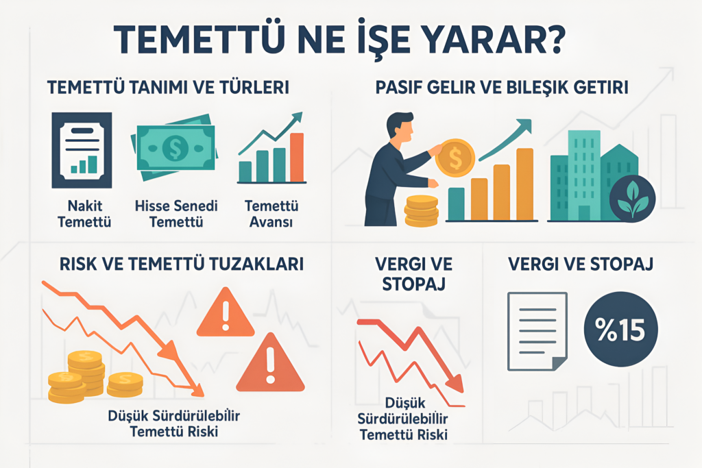 Temettü ne işe yarar? Türkiye'de hisse senedi yatırımcılarının %78'i temettü geliri elde etmeyi hedeflerken, yatırımcıların büyük çoğunluğu temettünün gerçek işlevlerini tam anlamıyla kavrayamamaktadır. Temettü, şirketlerin elde ettikleri kârın bir kısmını hissedarlarına dağıtması olarak tanımlansa da, modern yatırım dünyasında çok daha kapsamlı işlevlere sahiptir. Bu rehber, temettünün yatırımcılar için sunduğu temel faydaları, kullanım alanlarını ve dikkat edilmesi gereken kritik noktaları detaylı bir şekilde inceleyecektir. Günümüzde artan enflasyon ve ekonomik belirsizlikler nedeniyle yatırımcılar düzenli gelir kaynakları arayışında bulunmakta, bu durum temettü yatırımını daha da önemli hale getirmektedir. Özellikle pasif gelir elde etmek isteyen bireysel yatırımcılar için temettü, hisse senedi satmadan düzenli nakit akışı sağlayan etkili bir araç olarak öne çıkmaktadır. Bu makalede temettünün ne işe yaradığını, hangi durumlarda tercih edilmesi gerektiğini, risk faktörlerini ve başarılı temettü yatırım stratejilerini öğreneceksiniz. Ayrıca güncel vergi düzenlemeleri, hesaplama yöntemleri ve uzman önerileriyle temettü yatırımının tüm yönlerini keşfedeceksiniz. Makaleyi okuduktan sonra temettü yatırımının size uygun olup olmadığını değerlendirebilecek, kendi yatırım stratejinizi oluşturabilecek ve temettü tuzaklarından kaçınabileceksiniz. Okuma süresi: 12 dakika.