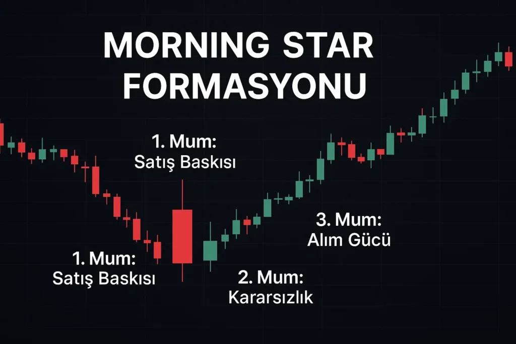 Morning Star nedir? Morning Star, teknik analizde yükseliş yönlü dönüş sinyali olarak bilinen güçlü bir formasyondur. Genellikle uzun bir düşüş trendinin ardından gelen bu formasyon, yatırımcılara trendin yön değiştirme olasılığı hakkında önemli ipuçları verir. Üç mumdan oluşur ve özellikle dip seviyelerde belirdiğinde dikkatle analiz edilmesi gereken bir yapıdır. Alım sinyali olarak değerlendirilse de, tek başına değil, destek seviyeleri ve teknik göstergelerle birlikte incelenmelidir.