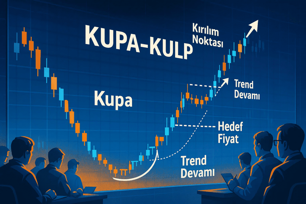 Kupa-Kulp formasyonu, teknik analizde sıkça kullanılan ve genellikle yükseliş trendinin devamını işaret eden güvenilir bir grafik formasyonudur. Adını şeklen bir kahve fincanına benzer yapısından alır. “Kupa” kısmı, yuvarlak ve derin bir dip yapısıyla oluşurken; “kulp” kısmı ise daha dar ve kısa süreli bir yatay veya hafif eğimli konsolidasyon alanıdır. Bu yapının tamamlanmasıyla birlikte fiyatlar genellikle yukarı yönlü kırılım gösterir ve güçlü bir yükseliş başlar. Kupa-kulp formasyonu, özellikle bir önceki yükseliş trendi sonrasında gelen düzeltme hareketinden sonra görülür. Piyasa, önce derin bir nefes alır (kupa kısmı), ardından kısa bir sıkışma sürecine girer (kulp kısmı) ve sonrasında yeniden yükselişe geçer. Bu yönüyle trend devam formasyonları arasında değerlendirilir.