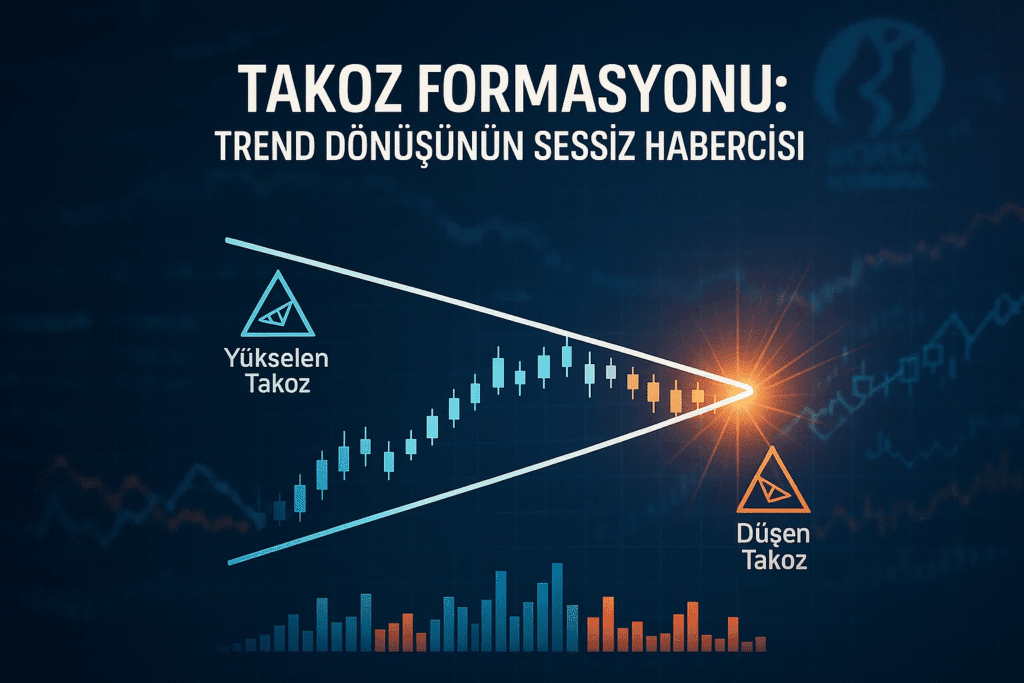 Takoz formasyonu, teknik analizde oldukça sık rastlanan ve genellikle bir trendin zayıflamakta olduğunu ya da bir dönüş sinyalinin yaklaşmakta olduğunu gösteren güçlü bir grafik formasyonudur. Fiyat hareketlerinin zamanla daralan bir aralıkta sıkışmasıyla oluşan bu yapı, genellikle yükselen ya da düşen bir trendin sonlarına yaklaşıldığını işaret eder. Yatırımcılar için takoz formasyonu, potansiyel kırılmalar öncesinde pozisyon almak ya da mevcut pozisyonu korumak için oldukça değerli ipuçları sunar. Fiyatlar bir üçgen formasyonuna benzer şekilde daralan bir kanal içinde sıkışırken, işlem hacmi de genellikle azalır. Bu, piyasada bir belirsizlik ve sıkışma olduğunu, yakında güçlü bir fiyat hareketi olabileceğini ima eder. Takoz formasyonları, iki ana türde incelenir: düşen takoz ve yükselen takoz. Her biri farklı piyasa dinamiklerini yansıtır ve yatırım stratejilerini buna göre şekillendirir. Bu yazıda, takoz formasyonunun tüm teknik detaylarını, psikolojik arka planını, türlerini, yatırım stratejilerini ve dikkat edilmesi gereken riskleri ayrıntılı biçimde ele alacağız.