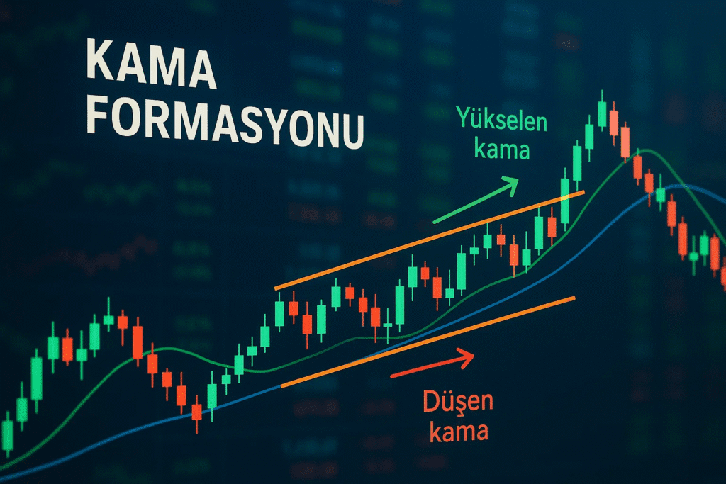 Kama formasyonu, teknik analizde fiyat hareketlerinin giderek daraldığı ve iki eğimli trend çizgisinin birbirine yaklaşarak oluşturduğu grafik modelidir. Bu formasyonda, fiyatlar önce geniş bir aralıkta hareket ederken, zamanla hareket alanı sıkışır. Bu sıkışma, piyasanın kararsızlık ve bekleme döneminde olduğunu gösterir. Formasyonun şekli kama (keskin üçgen) görünümündedir ve genellikle trend dönüşü veya devamı için önemli sinyaller verir. Yatırımcılar, kama formasyonunu fiyatın kırılma noktalarını tahmin etmek için kullanır.