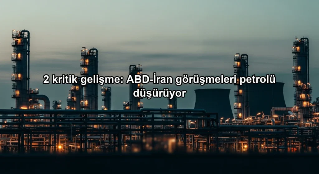 Alacakaranlıkta petrol rafinerisi silüeti ve ABD-İran diplomatik temaslarının enerji piyasasına etkisi.