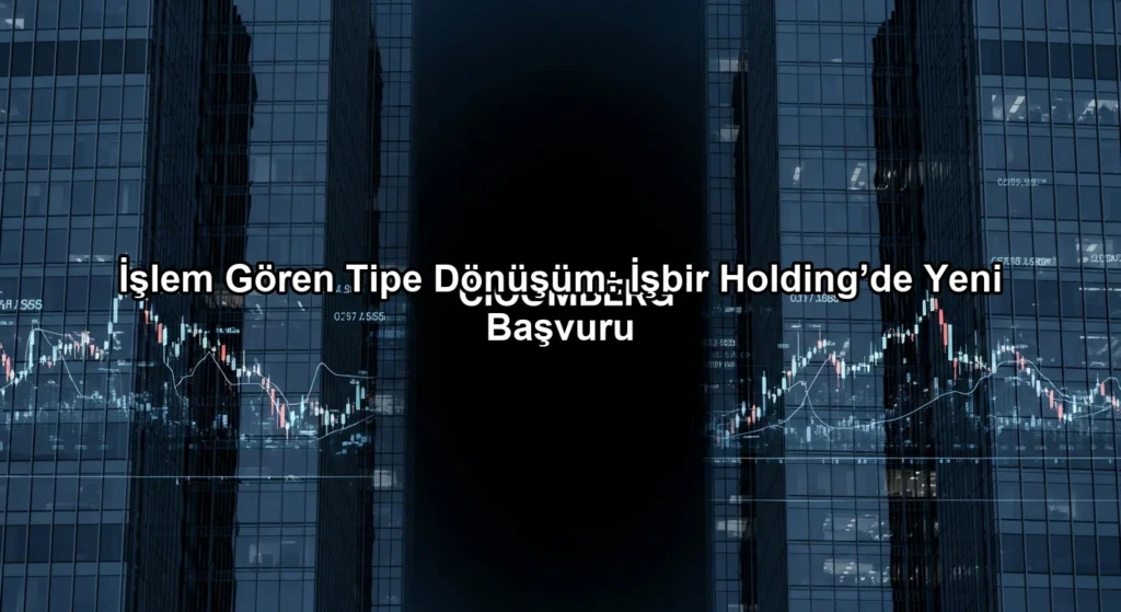 Alacakaranlıkta yansıyan modern bir holding binası önünde İşbir Holding hisse senedi dönüşüm verileri.