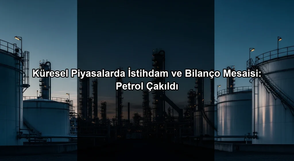Alacakaranlıkta petrol rafinerisi görünümü eşliğinde enerji piyasalarındaki sert düşüş ve küresel ekonomik veriler.