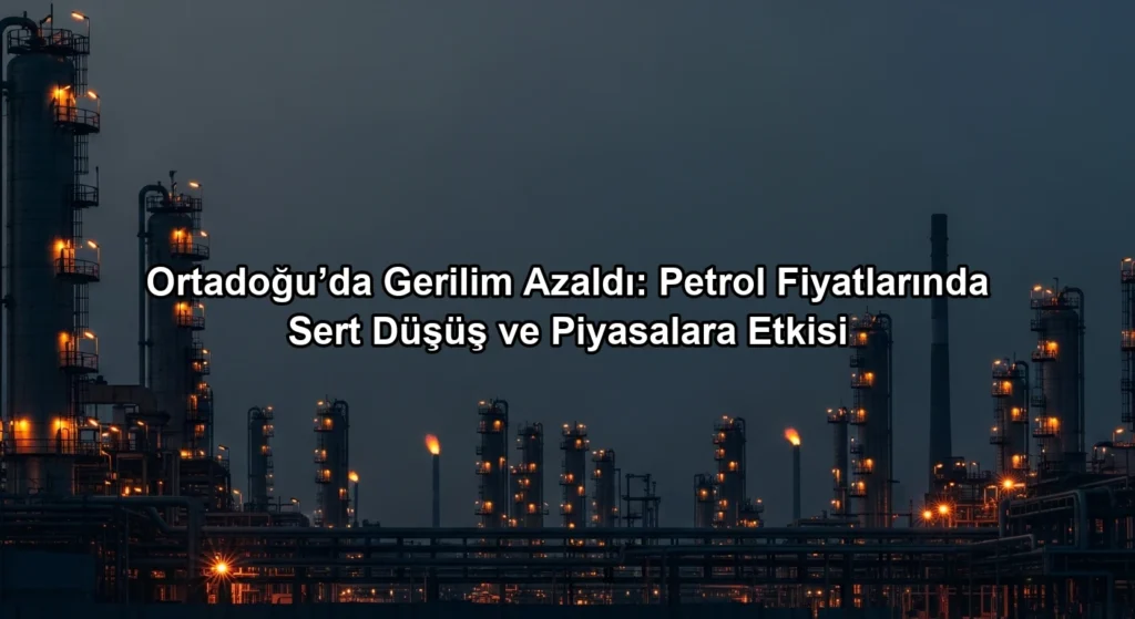 Alacakaranlıkta petrol rafinerisi silüeti ve düşüşe geçen küresel enerji piyasası grafiği temsili.