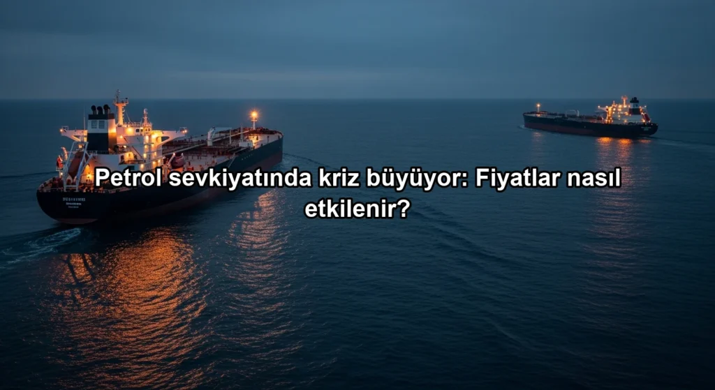 Alacakaranlıkta ilerleyen dev petrol tankeri silüeti ve küresel enerji sevkiyatı krizini temsil eden deniz manzarası.