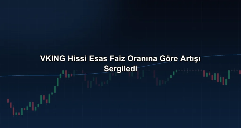 Gece vakti borsa salonunda dijital veri ekranları ve VKING hissesinin finansal grafiği.